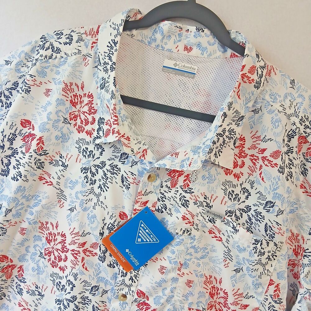NEW Columbia PFG Super Patriotic Button Shirt Mens 3X Fish Pattern Vacation #882